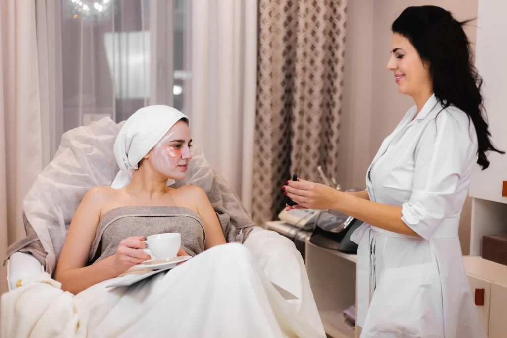 young girl beauty salon cosmetology office lies bed relaxes with mask her face jpg